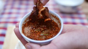 Fried crispy pork with spicy dipping sauce